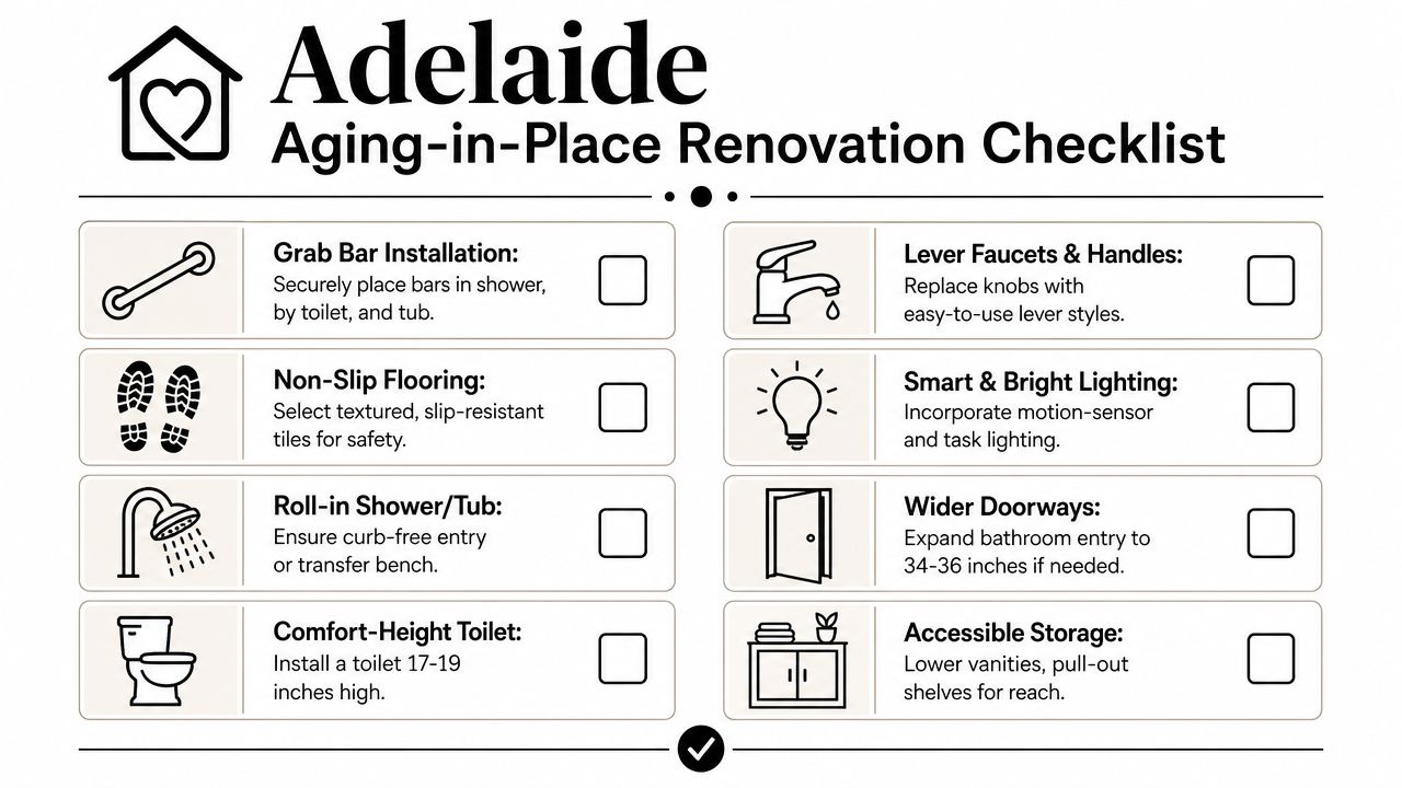 An aging in place renovation checklist for bathrooms, detailing accessibility features like grab bars and wider doorways.