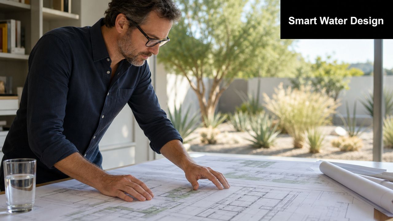 A professional man with glasses working on detailed architectural blueprints on a large table in an office.