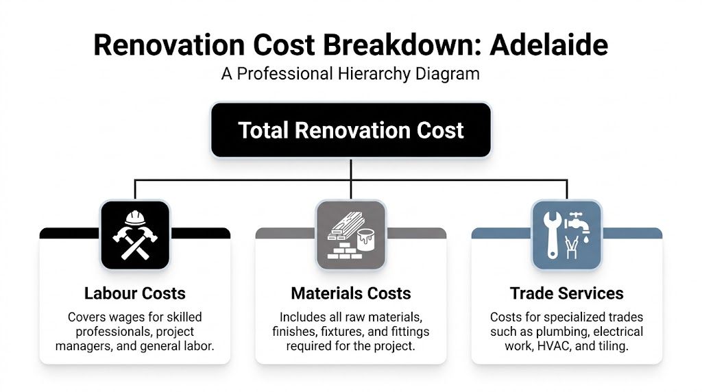 A professional hierarchy diagram showing the main components of renovation costs in Adelaide, including labor, materials, and trade services.