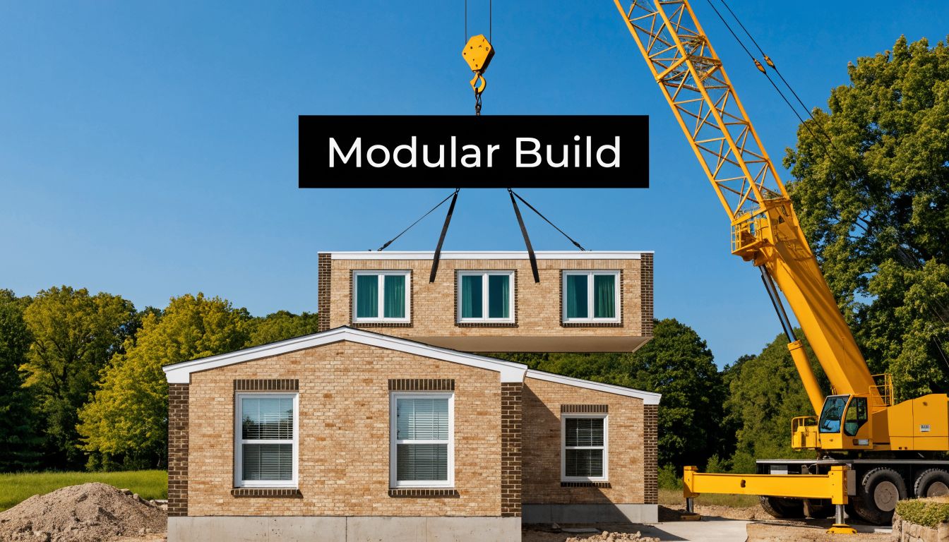 A yellow crane lowers a prefabricated second-story modular addition onto a single-story brick house.