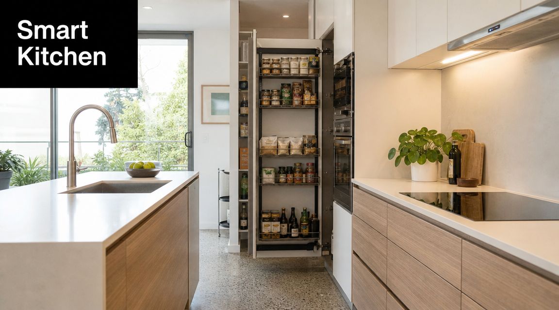 A modern, well-lit kitchen featuring light wood cabinetry, a functional pull-out pantry, and white countertops.