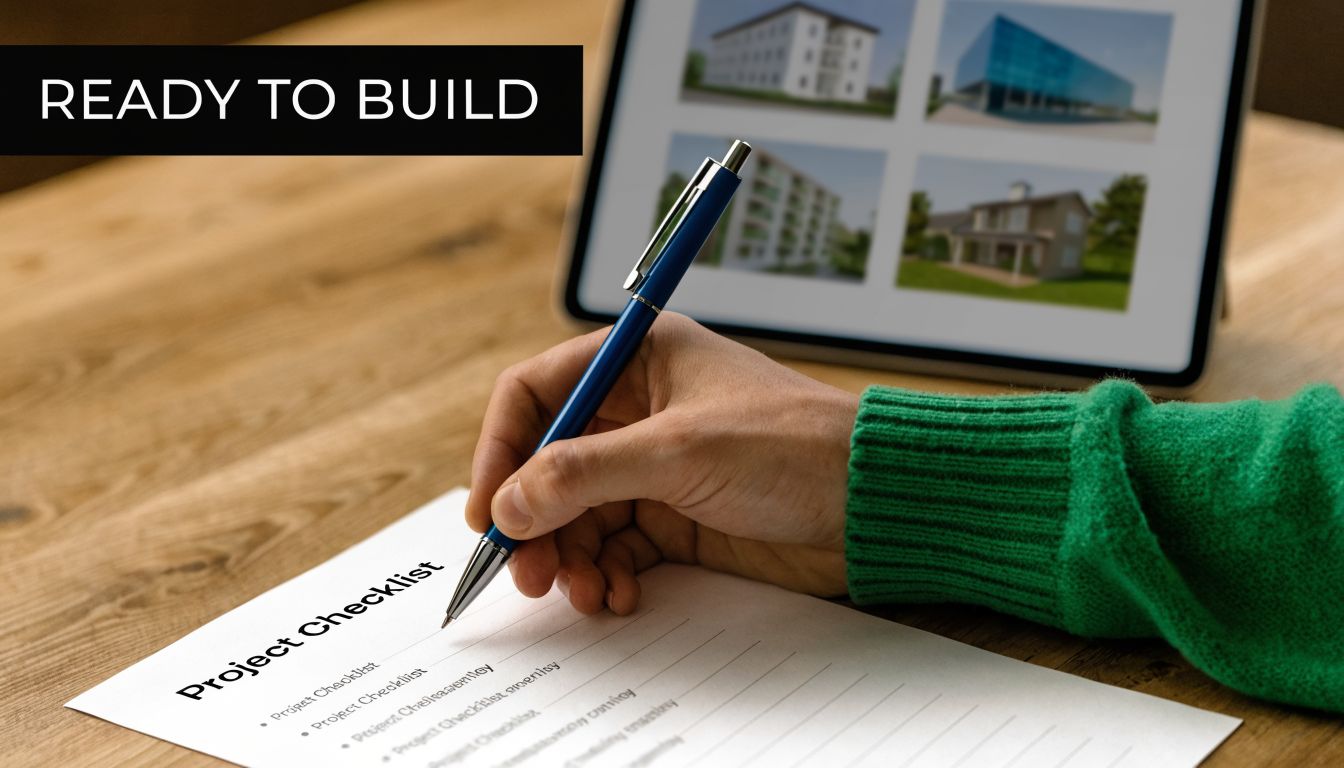 A person writing on a project checklist paper next to a digital tablet displaying building designs.