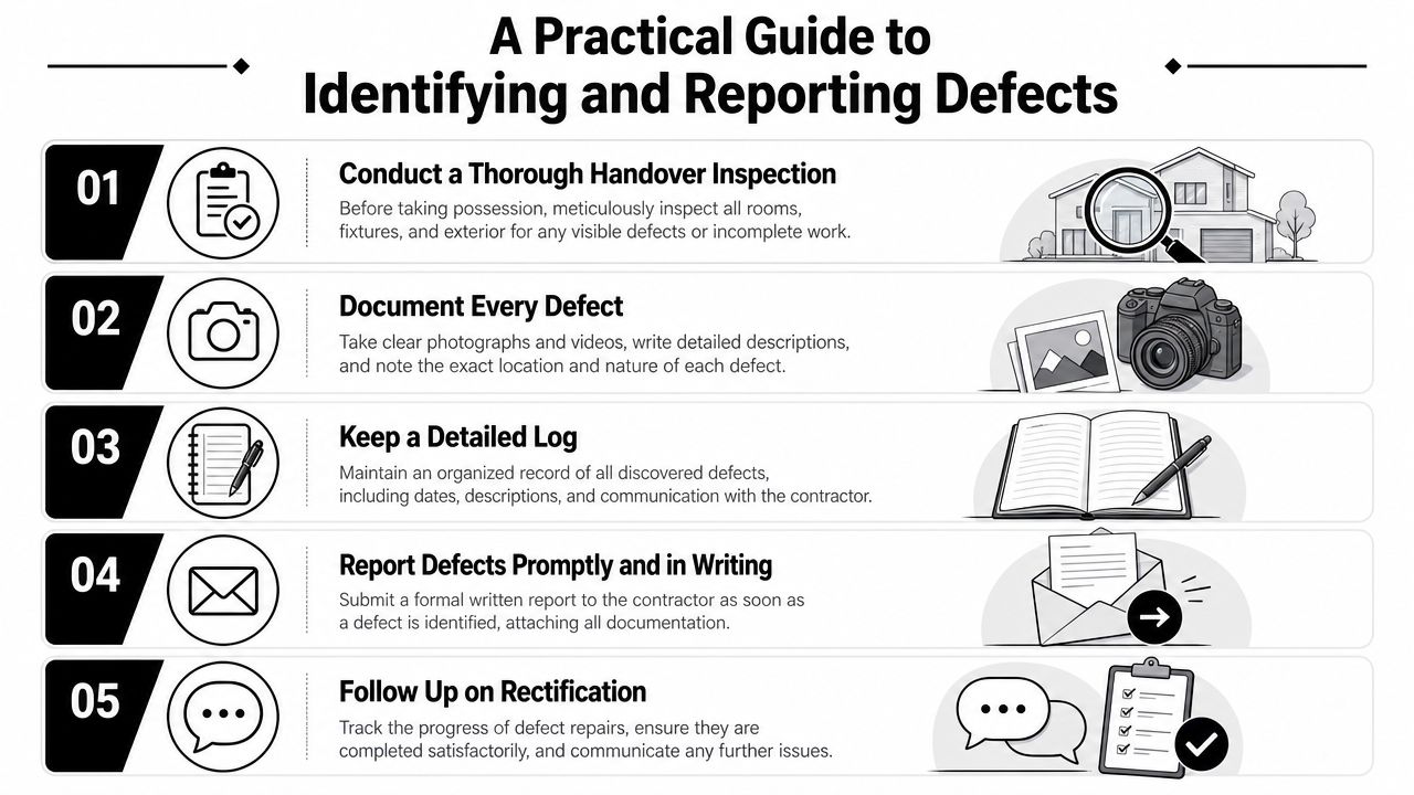 A five-step infographic showing how to identify and report building defects for a home handover inspection.