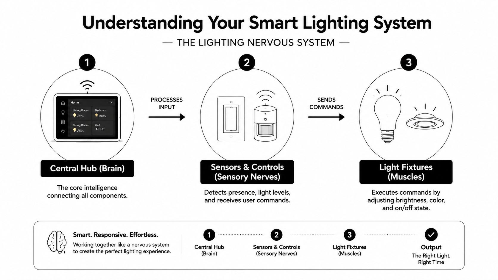 A diagram illustrating how smart lighting systems function like a human nervous system using three main components.