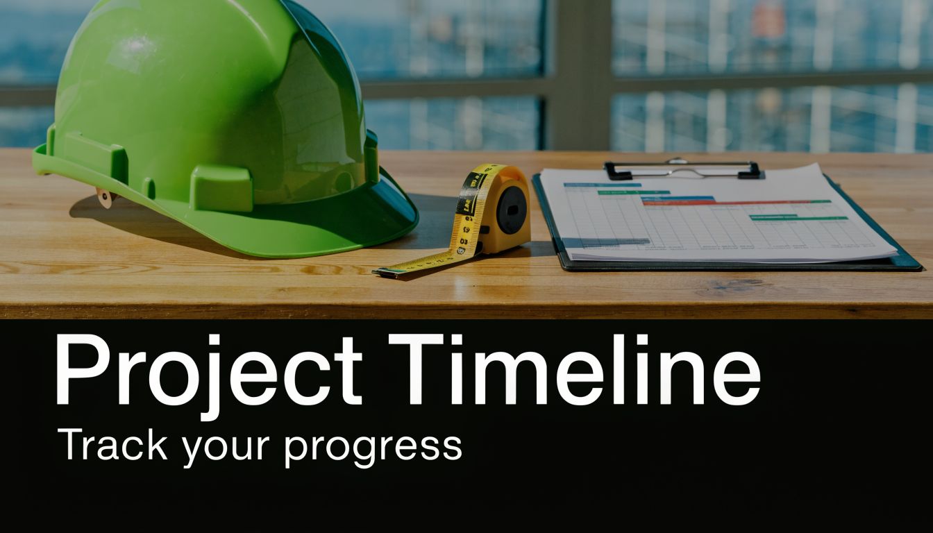 A green construction hard hat, measuring tape, and project timeline document on a wooden desk.