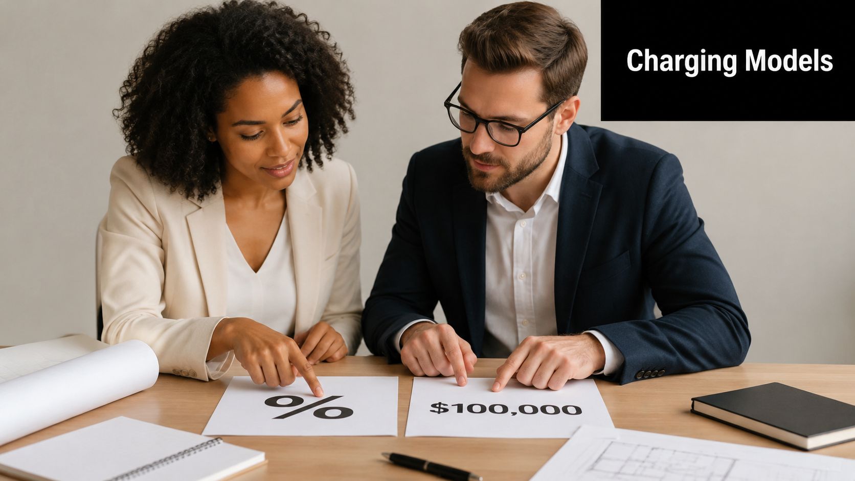 A businesswoman and a businessman looking at financial papers with a percentage sign and dollar amount.