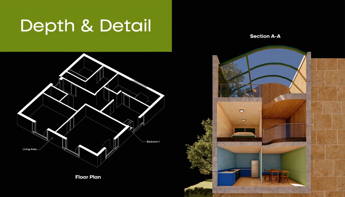 An architectural layout showing a 3D floor plan alongside a vertical cross-section of a house interior.
