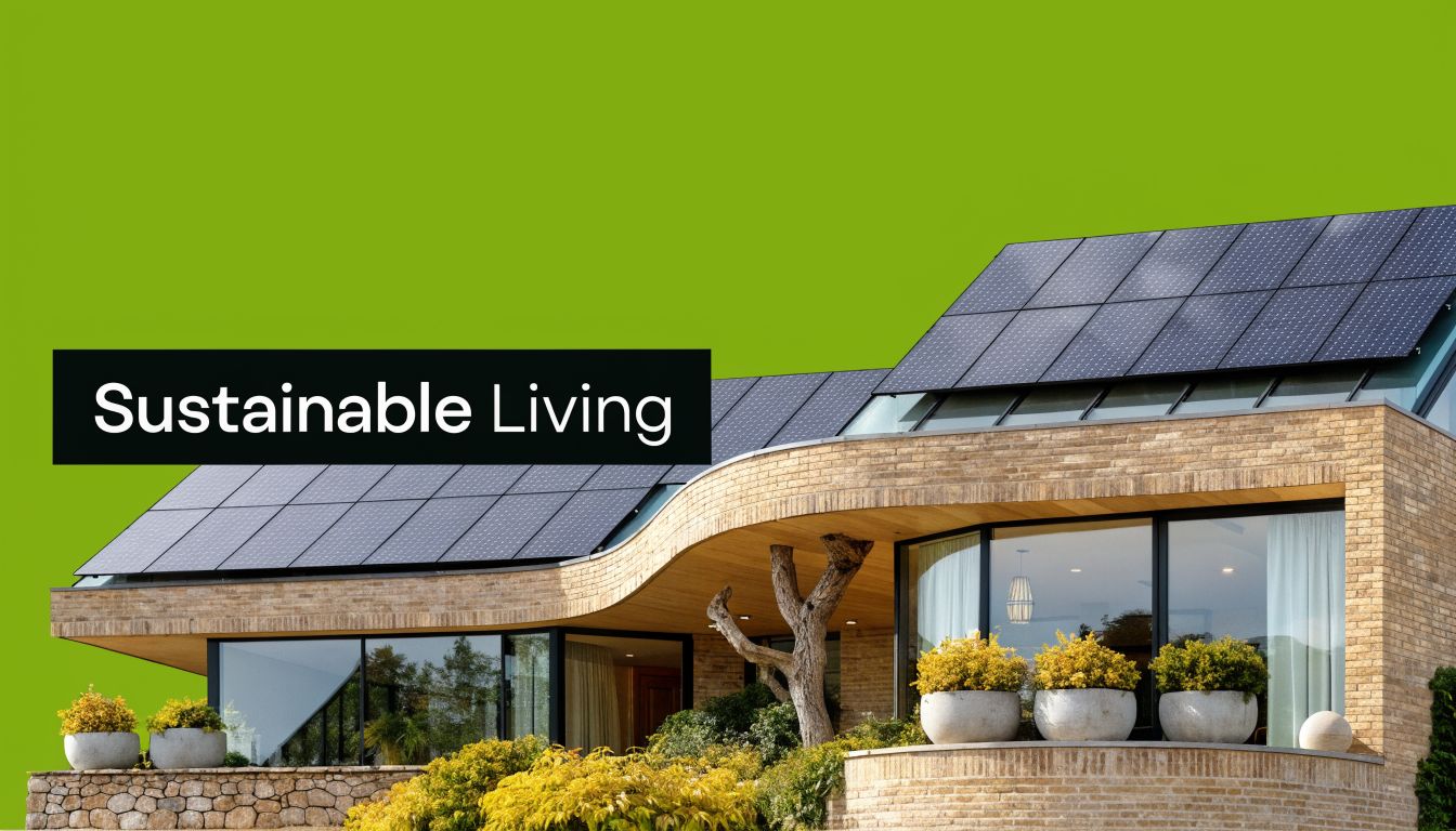 A modern eco-friendly brick house with solar panels on the roof and lush green landscaping.