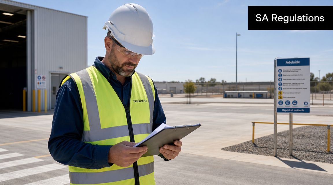 A SafeWork SA inspector wearing a high-visibility vest and hard hat reviewing safety documents outdoors in Adelaide.