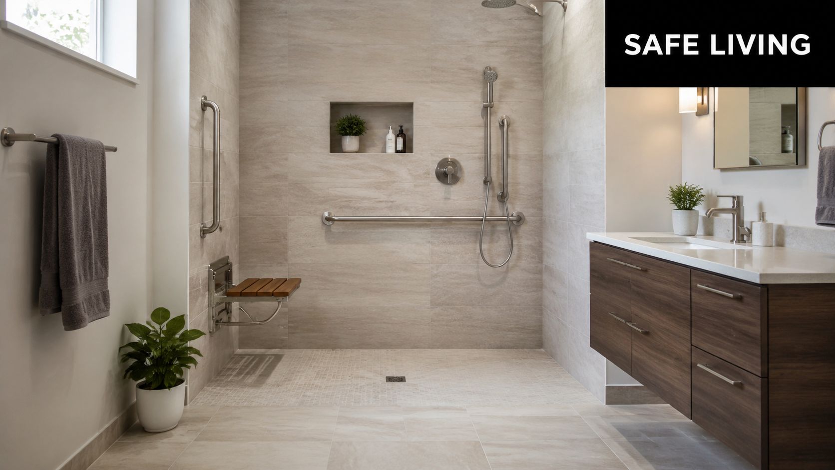 A modern accessible bathroom featuring a walk-in shower with grab bars and a wooden folding shower seat.