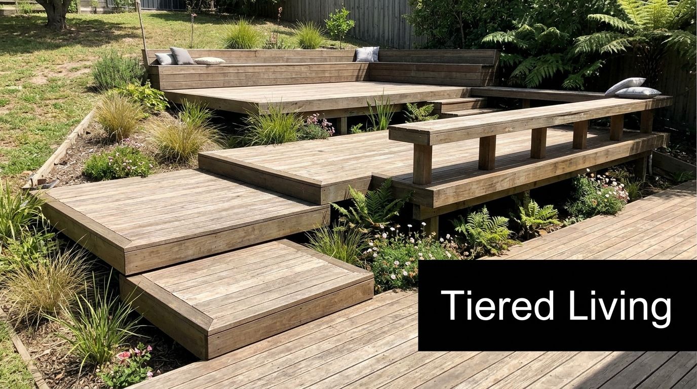 A modern multi-level outdoor wooden deck with tiered seating and lush landscaping in a backyard garden.