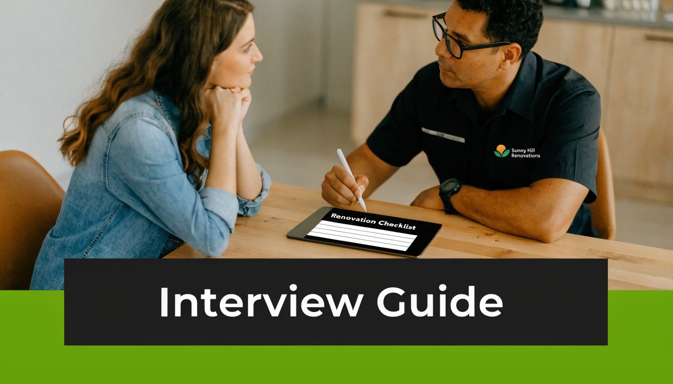 A professional contractor sitting with a client, using a tablet to review a renovation checklist.