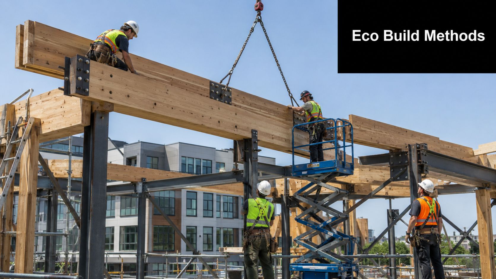 Construction workers assembling large timber beams on a building site under a clear blue sky.