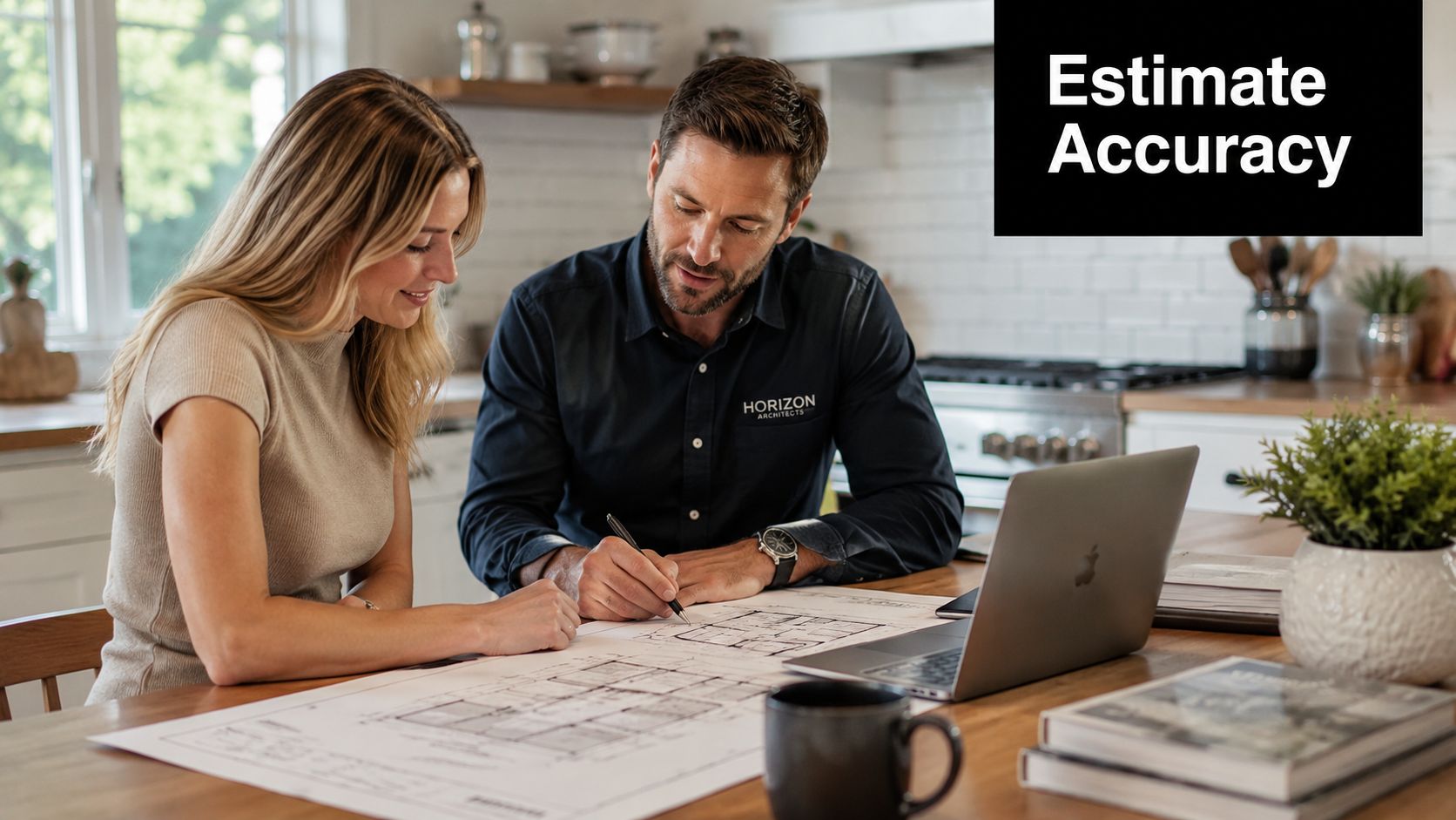 A professional architect sits with a client at a wooden table reviewing architectural blueprints together.