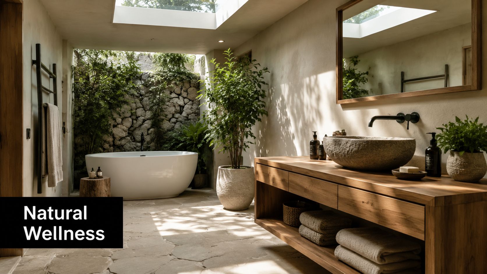 A luxurious bathroom featuring a stone tub, wooden vanity, and indoor plants under a bright skylight.