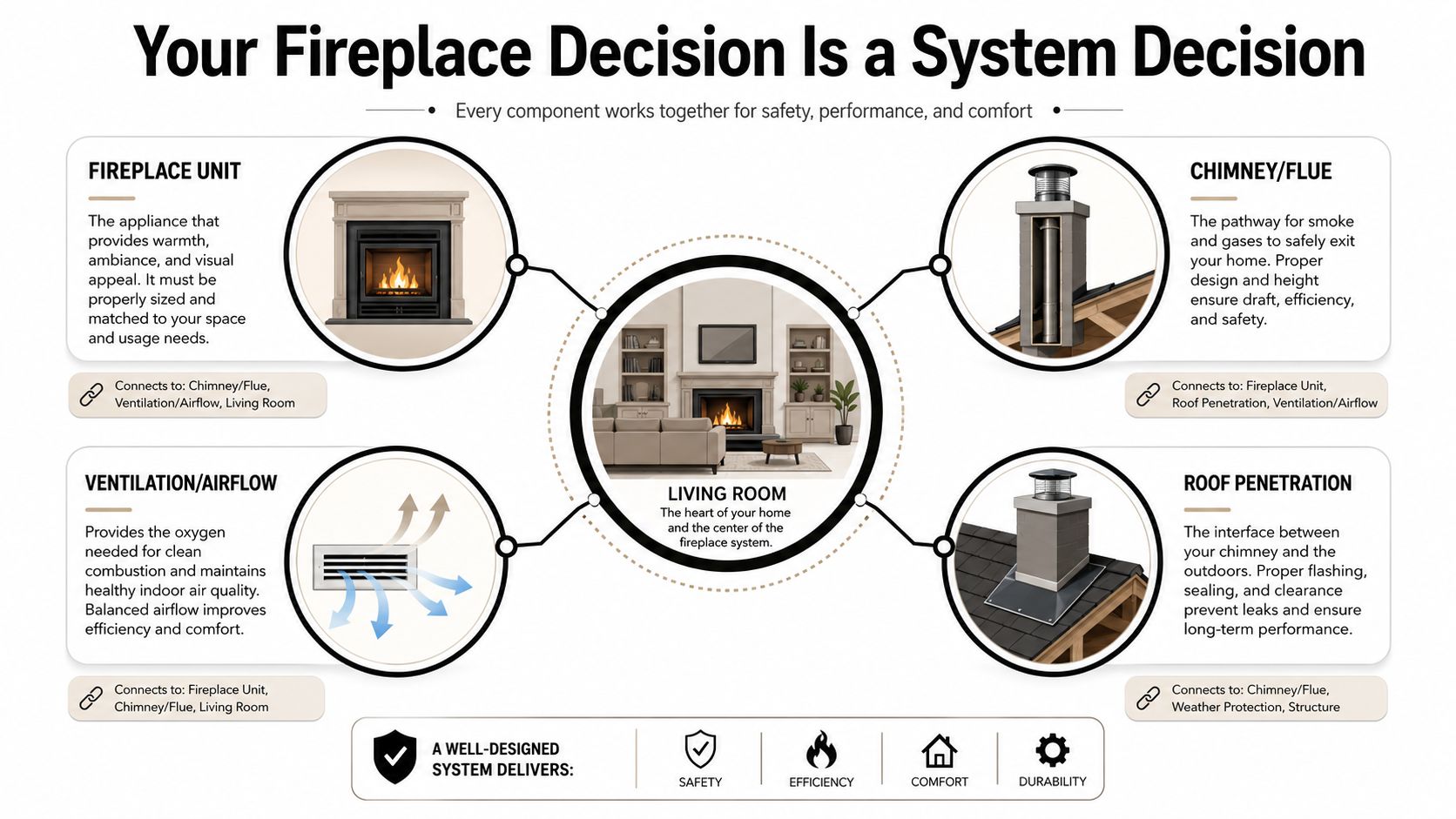 A diagram illustrating how fireplace units, chimneys, ventilation, and roof penetrations work together as a system.