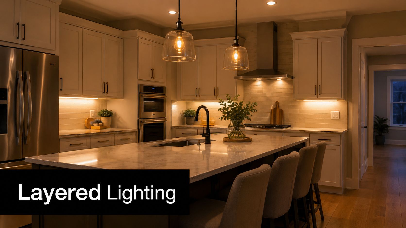 A warm and inviting modern kitchen featuring elegant layered lighting, white cabinetry, a marble island, and comfortable stools.