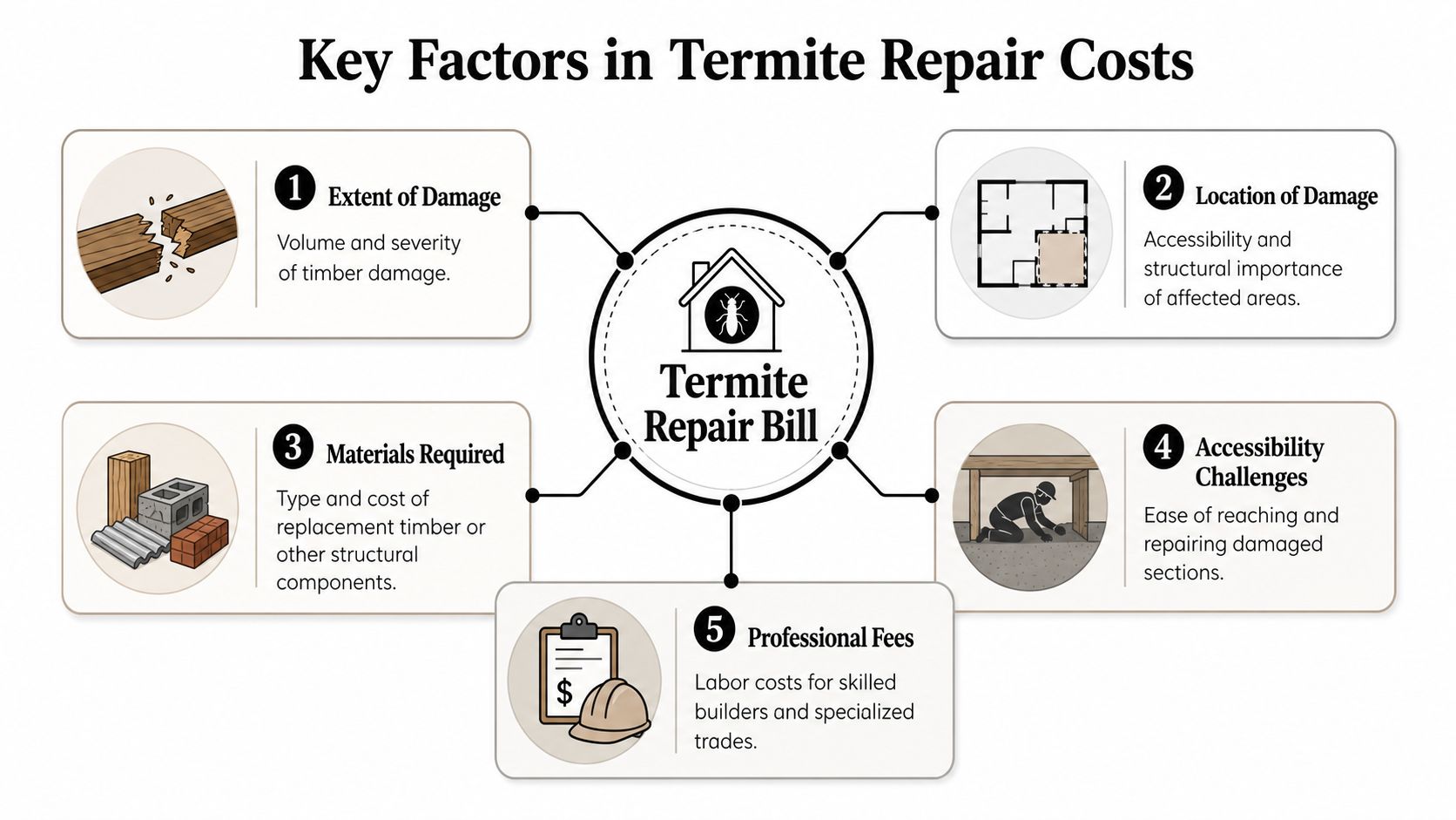 An infographic showing five key factors that influence the total cost of repairing termite damage to property.