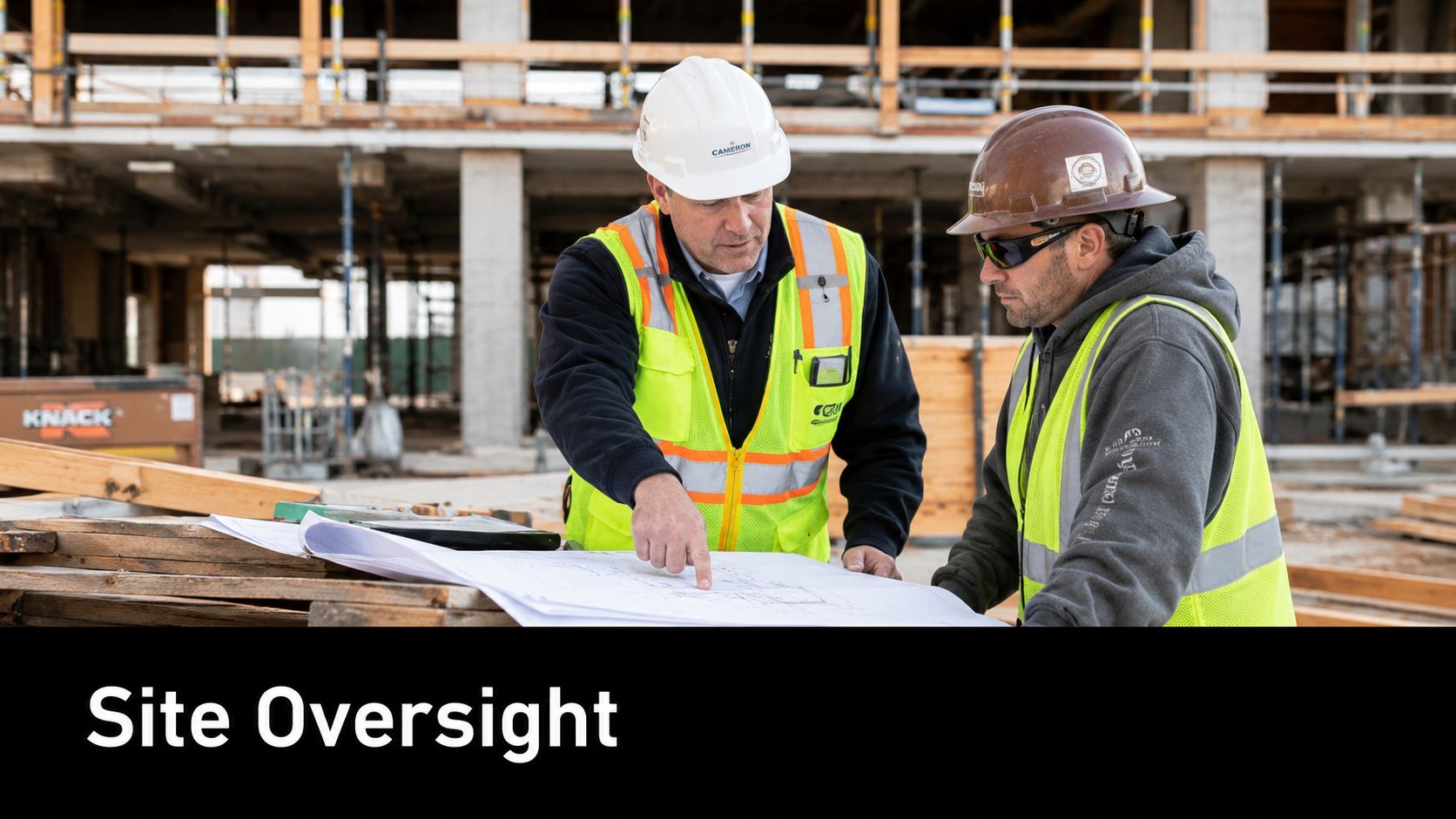 Two construction professionals in high-visibility vests reviewing blueprints on a building site during the day.