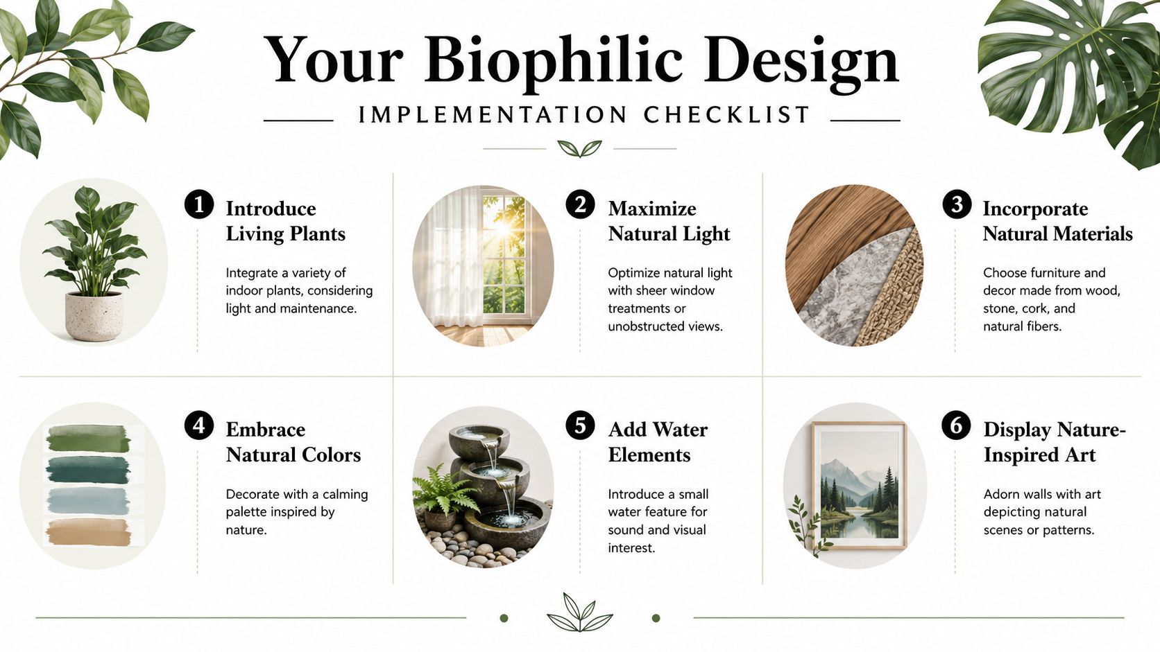 A six-step infographic guide for implementing biophilic design elements like plants, light, materials, and nature-inspired art.