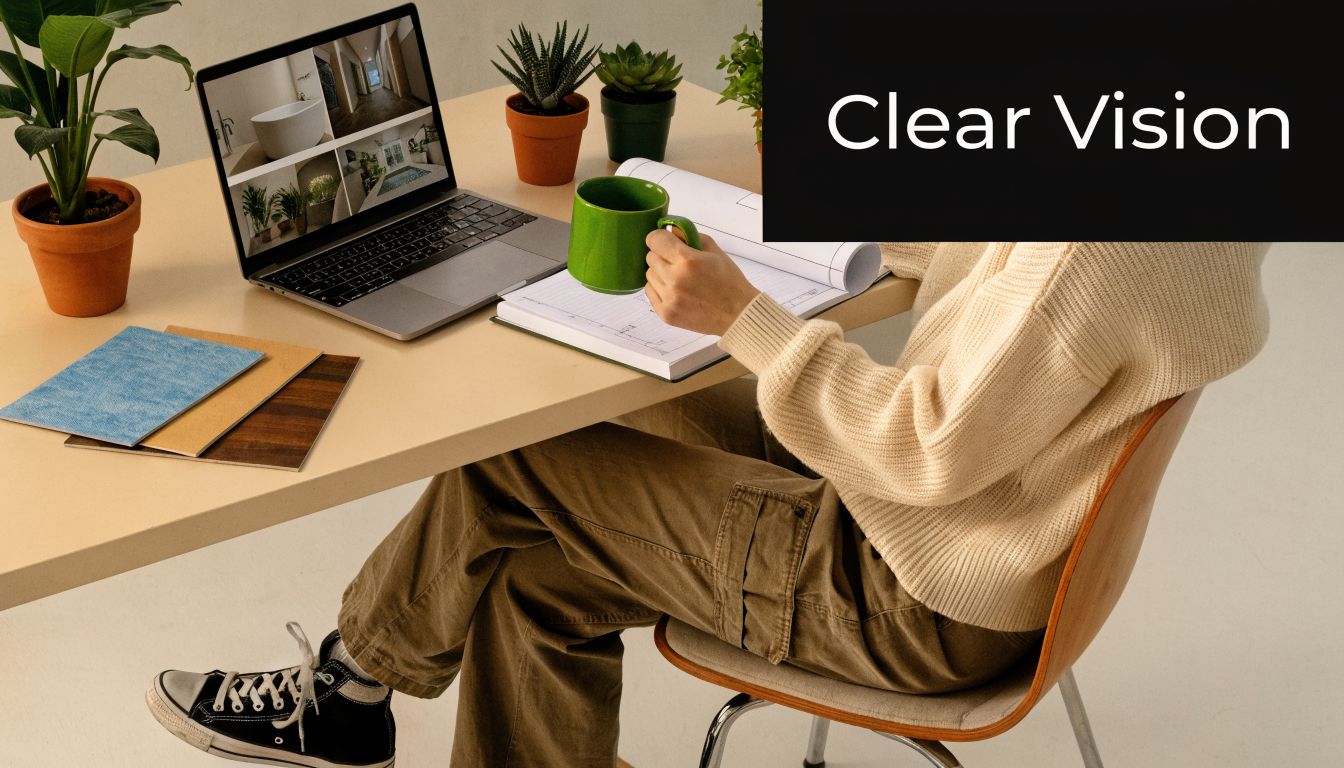 A person sitting at a desk with a laptop, plants, and a mug, reviewing renovation design plans.