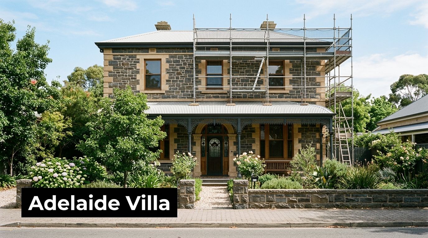A historic stone villa in Adelaide undergoing exterior renovations with metal scaffolding attached to the front facade.