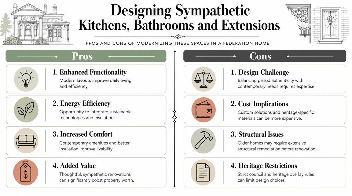 An infographic showing the pros and cons of modernizing kitchens, bathrooms, and extensions in a Federation home.
