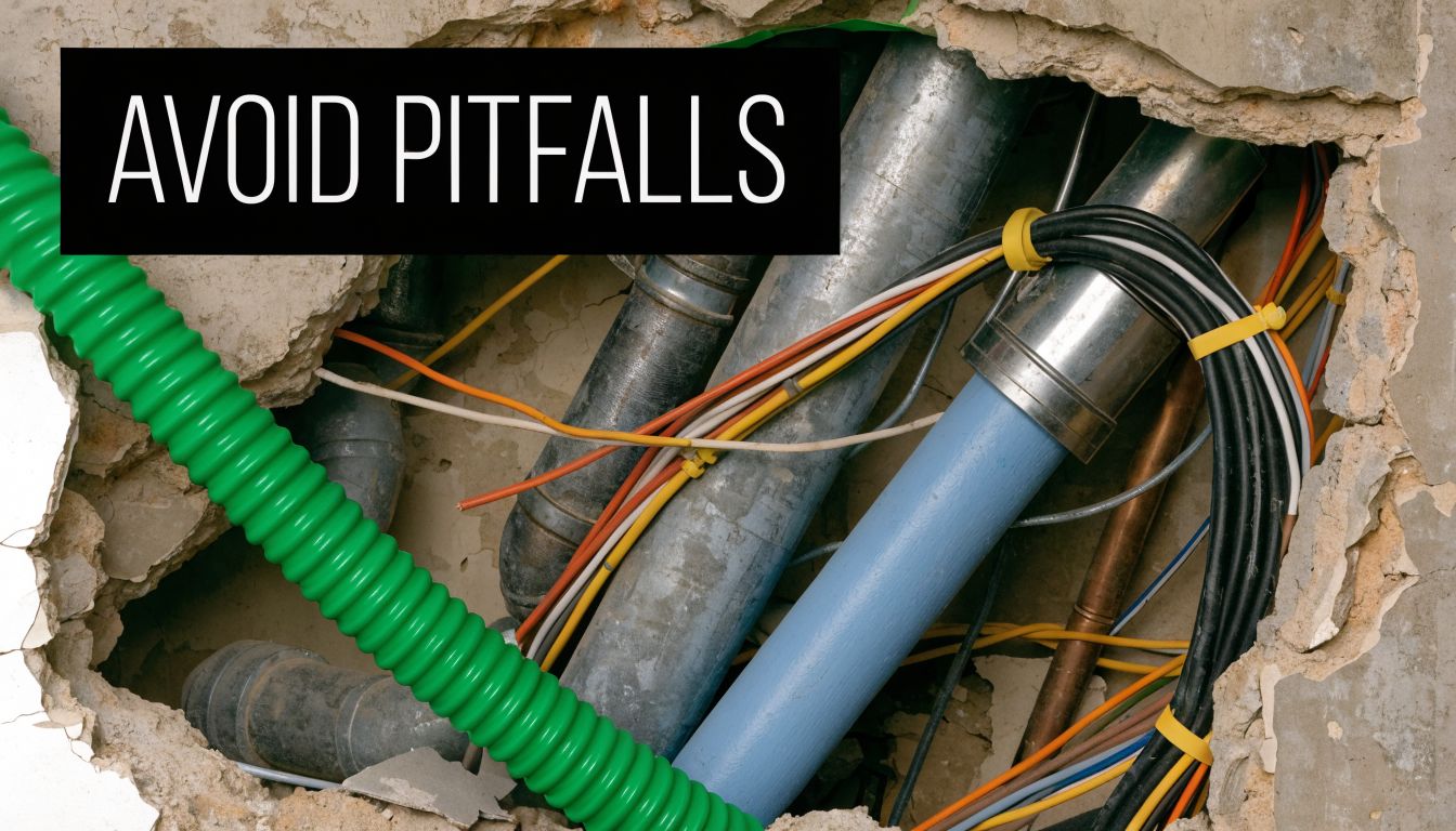 A view inside a broken concrete wall revealing various pipes, electrical wiring, and a green corrugated conduit.