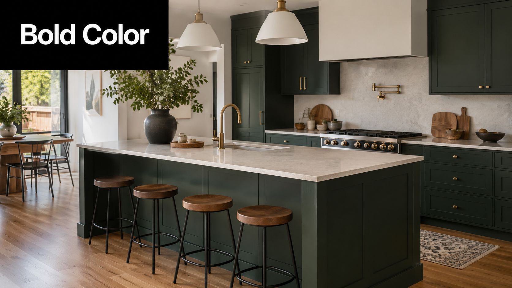 A modern kitchen interior featuring dark green cabinets, a white marble island, and wooden bar stools.