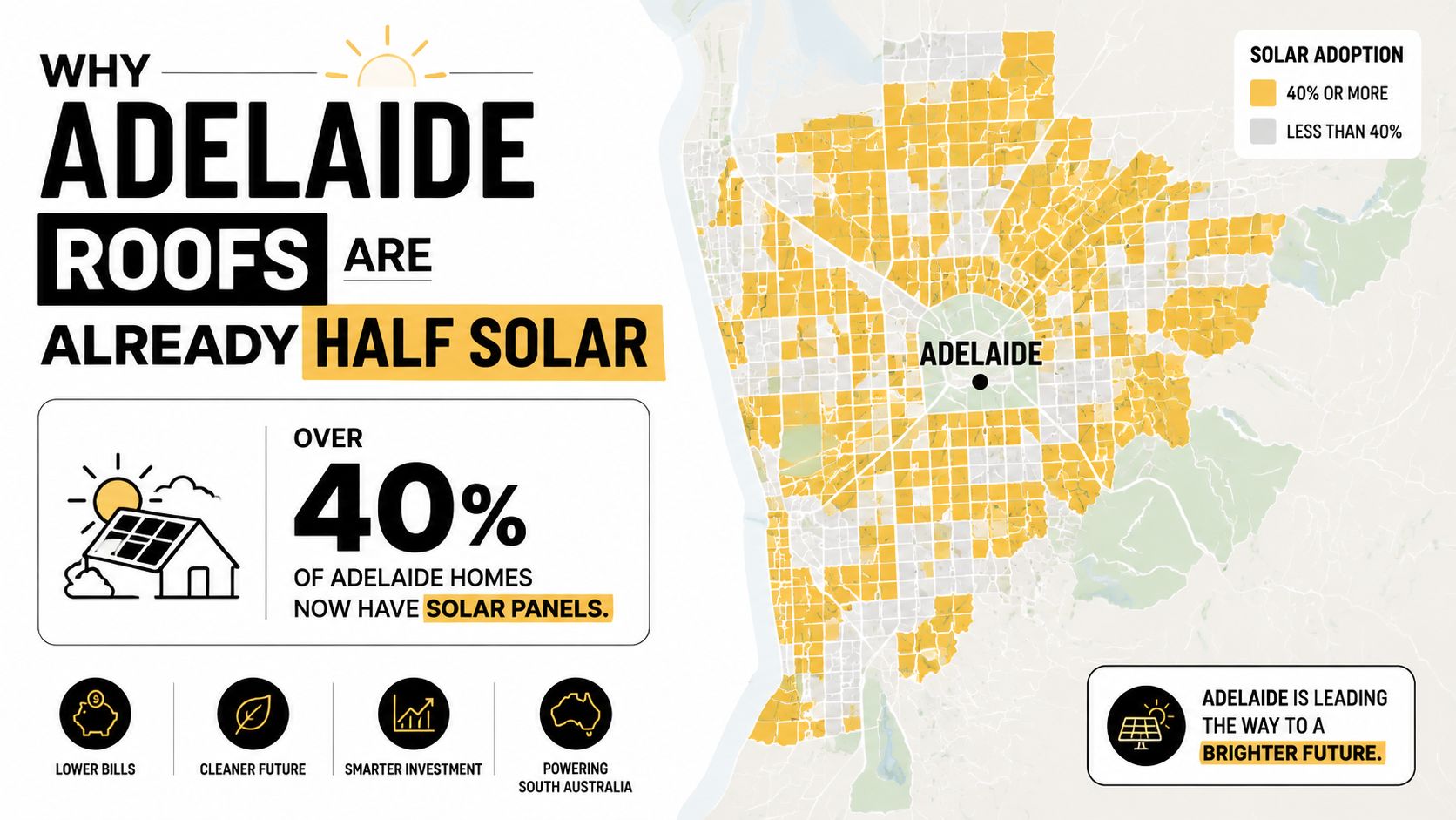 A map showing high rates of residential solar panel installation across suburbs in Adelaide, South Australia.
