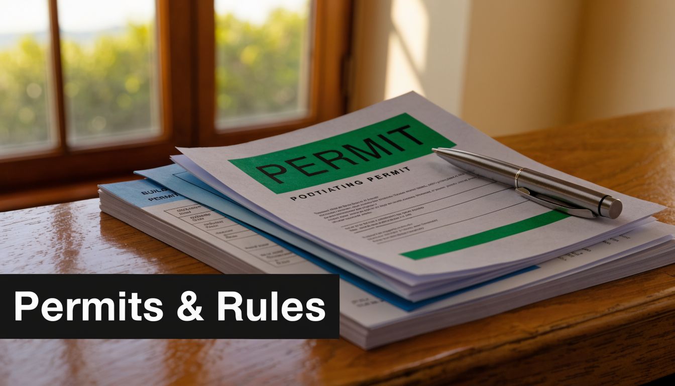 A stack of construction permit documents and a silver pen resting on a wooden surface.