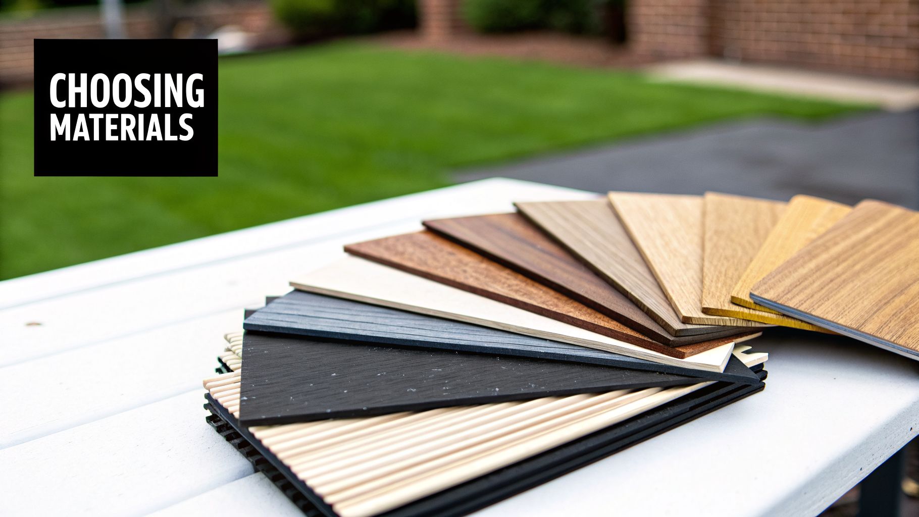 Various wood and composite decking material samples displayed on a table for selection.