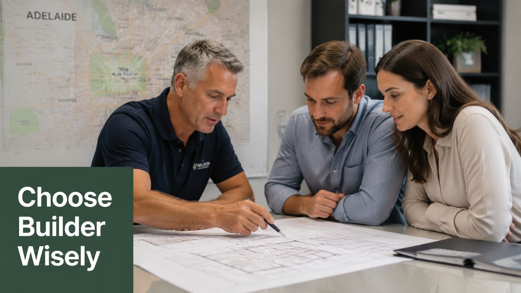 A professional builder discussing architectural house plans with a young couple in a modern office meeting.