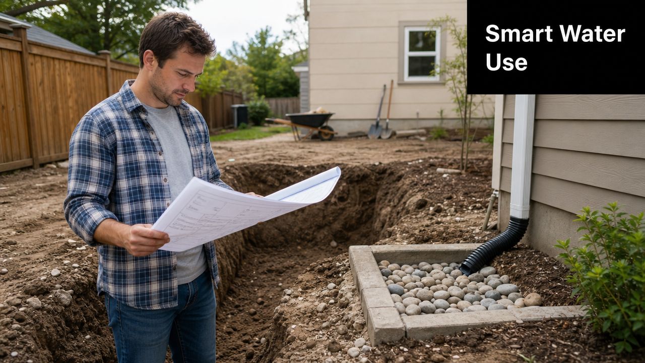 A man in a plaid shirt reviewing blueprints for a residential stormwater management drainage system installation.