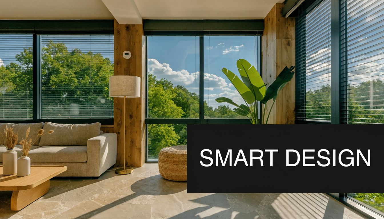 A modern, bright living room interior with a comfortable beige couch, large windows, and a leafy plant.