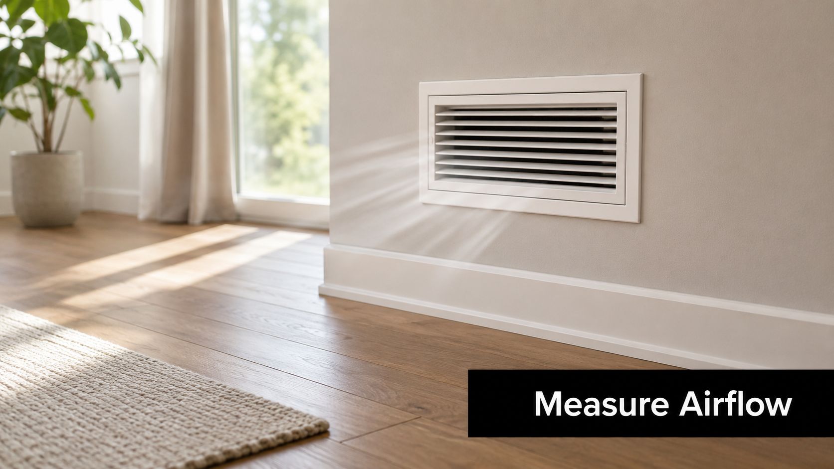 A modern white wall ventilation vent with visible airflow patterns in a bright living room setting.