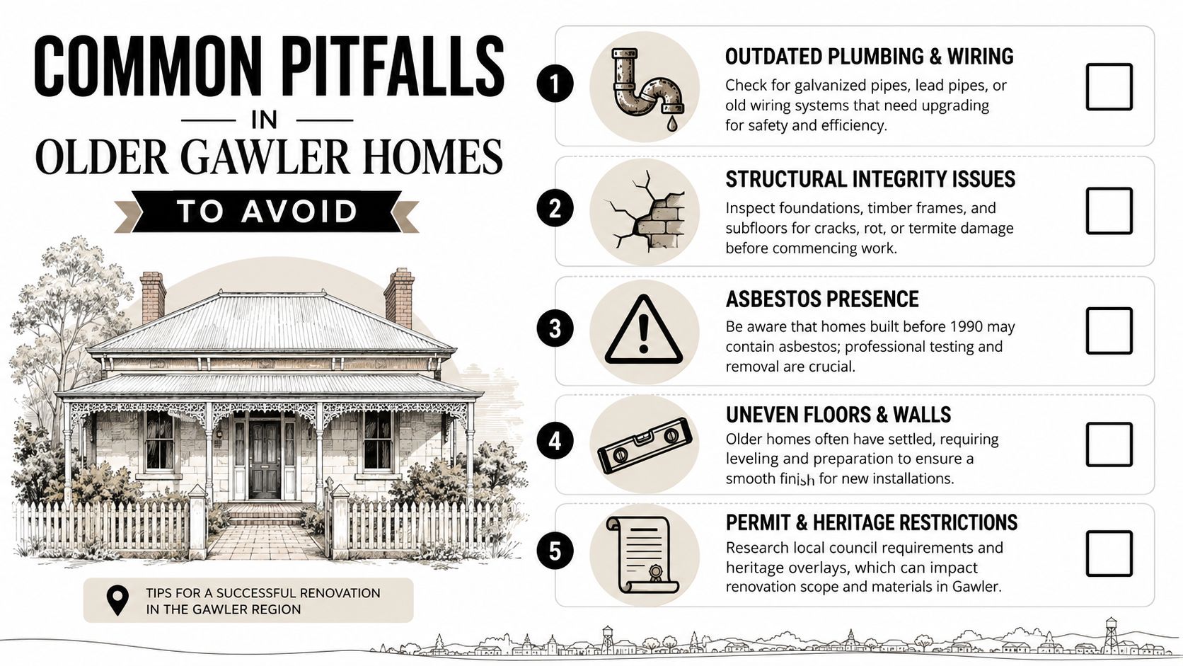 An infographic detailing five common renovation pitfalls for older heritage homes in the Gawler region.
