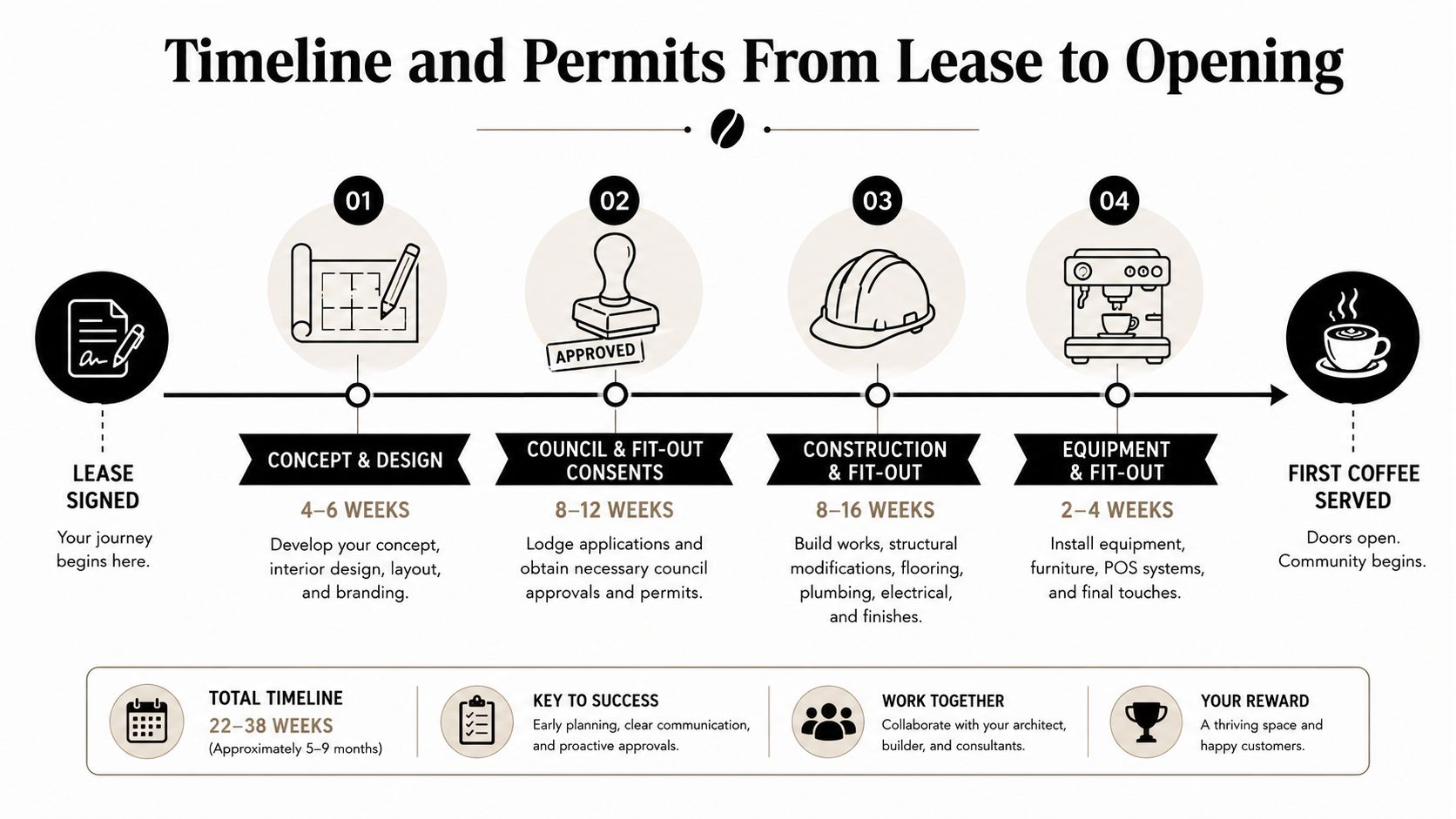 A step-by-step timeline infographic showing the stages from signing a lease to opening a coffee shop.
