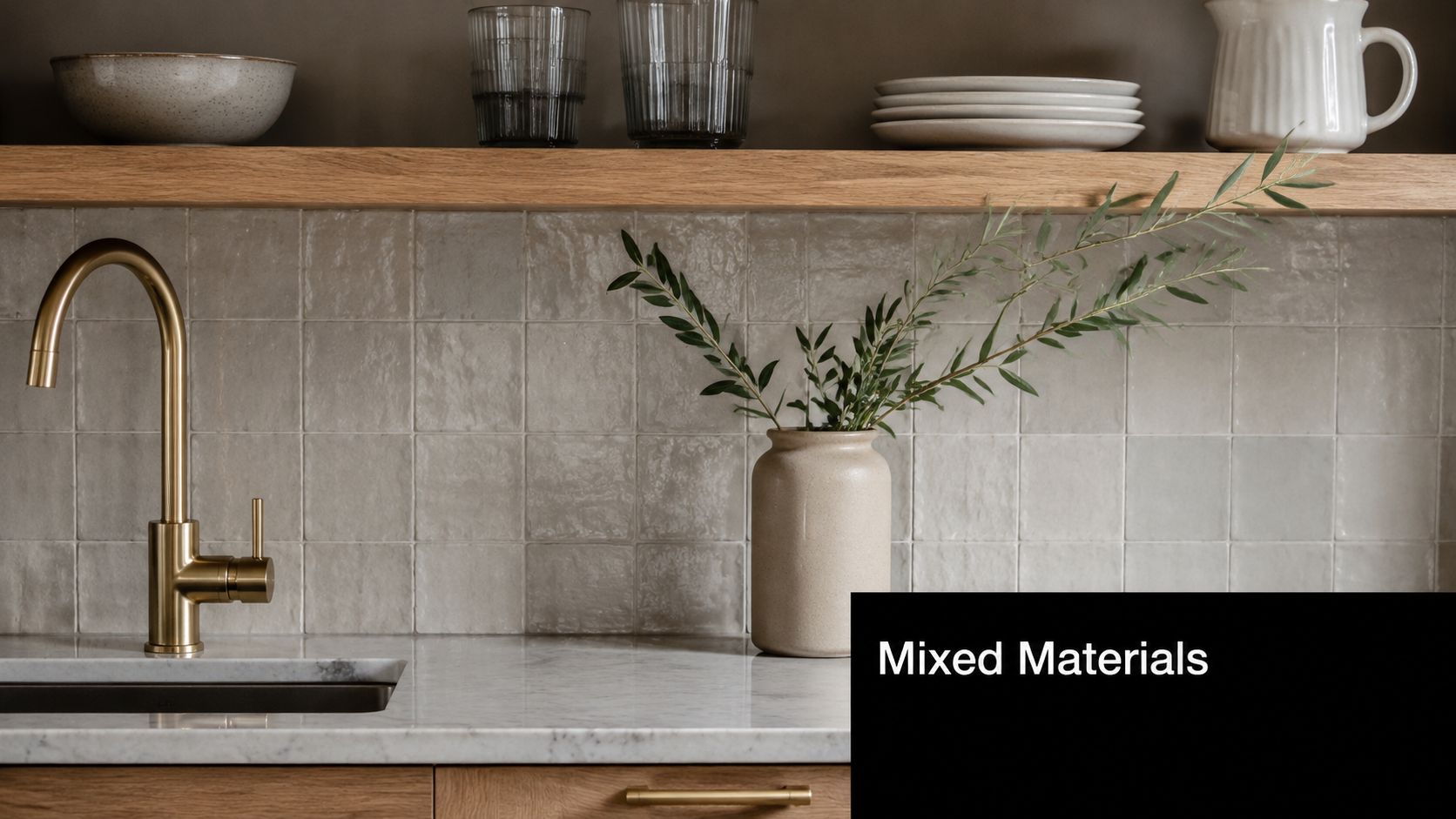 A modern kitchen design featuring marble countertops, a gold faucet, open wood shelving, and tiled backsplashes.