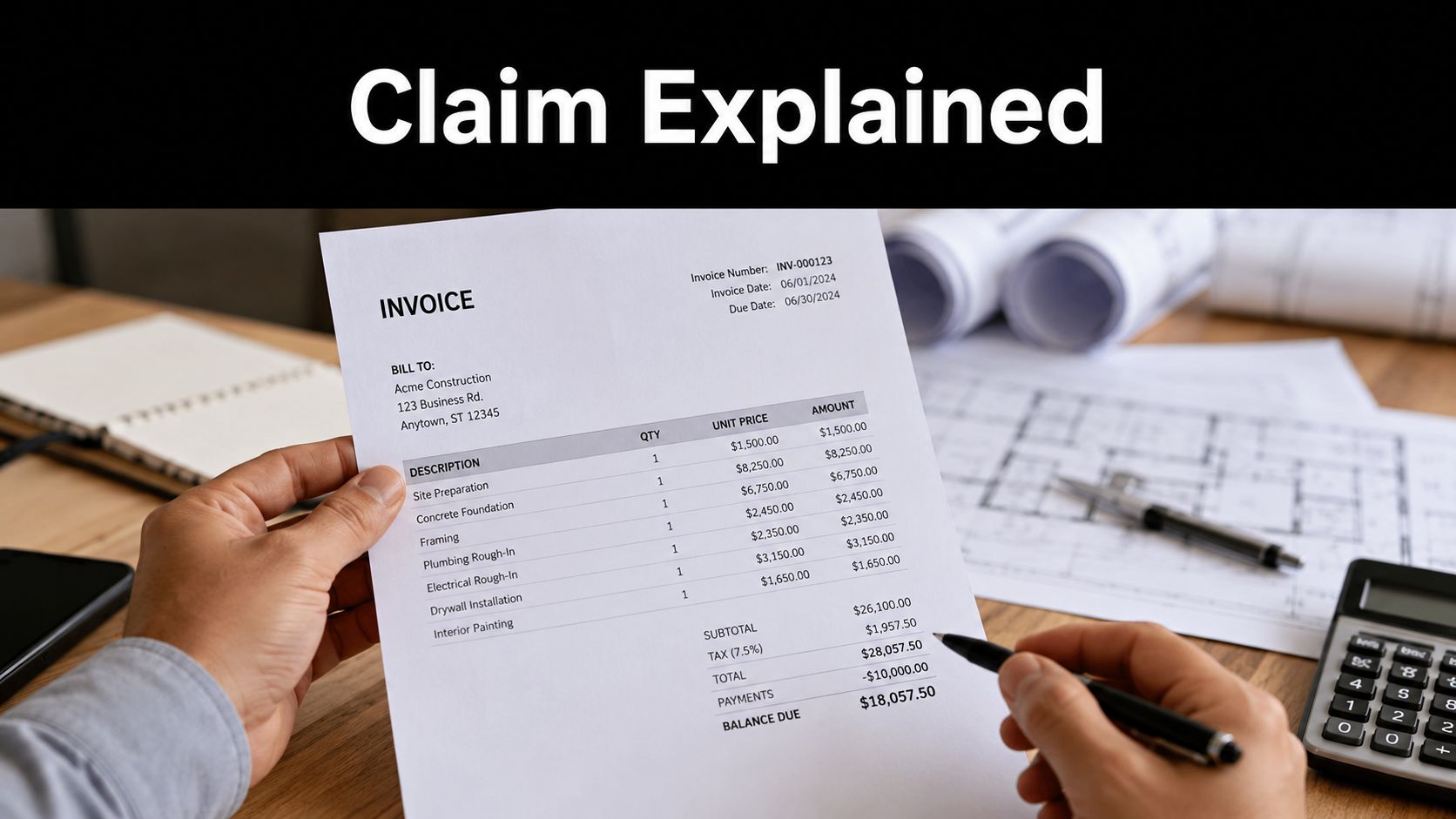 A person reviews an invoice for construction services while sitting at a desk with blueprints.