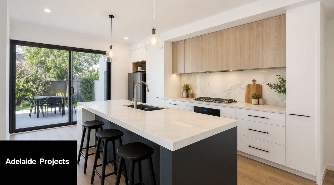 A bright modern kitchen with a large dark island, light oak cabinets, and a scenic patio view.