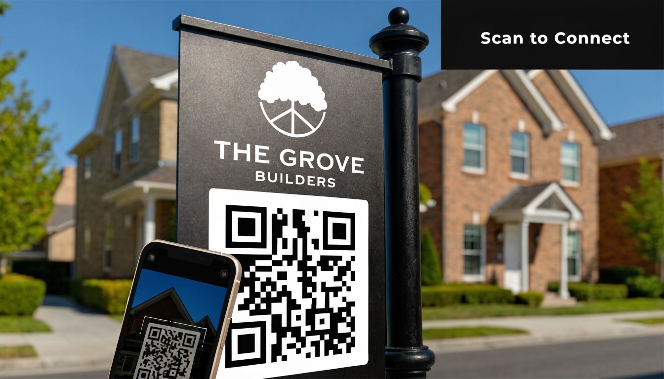 A close-up of a sign for The Grove Builders with a QR code being scanned by a smartphone.