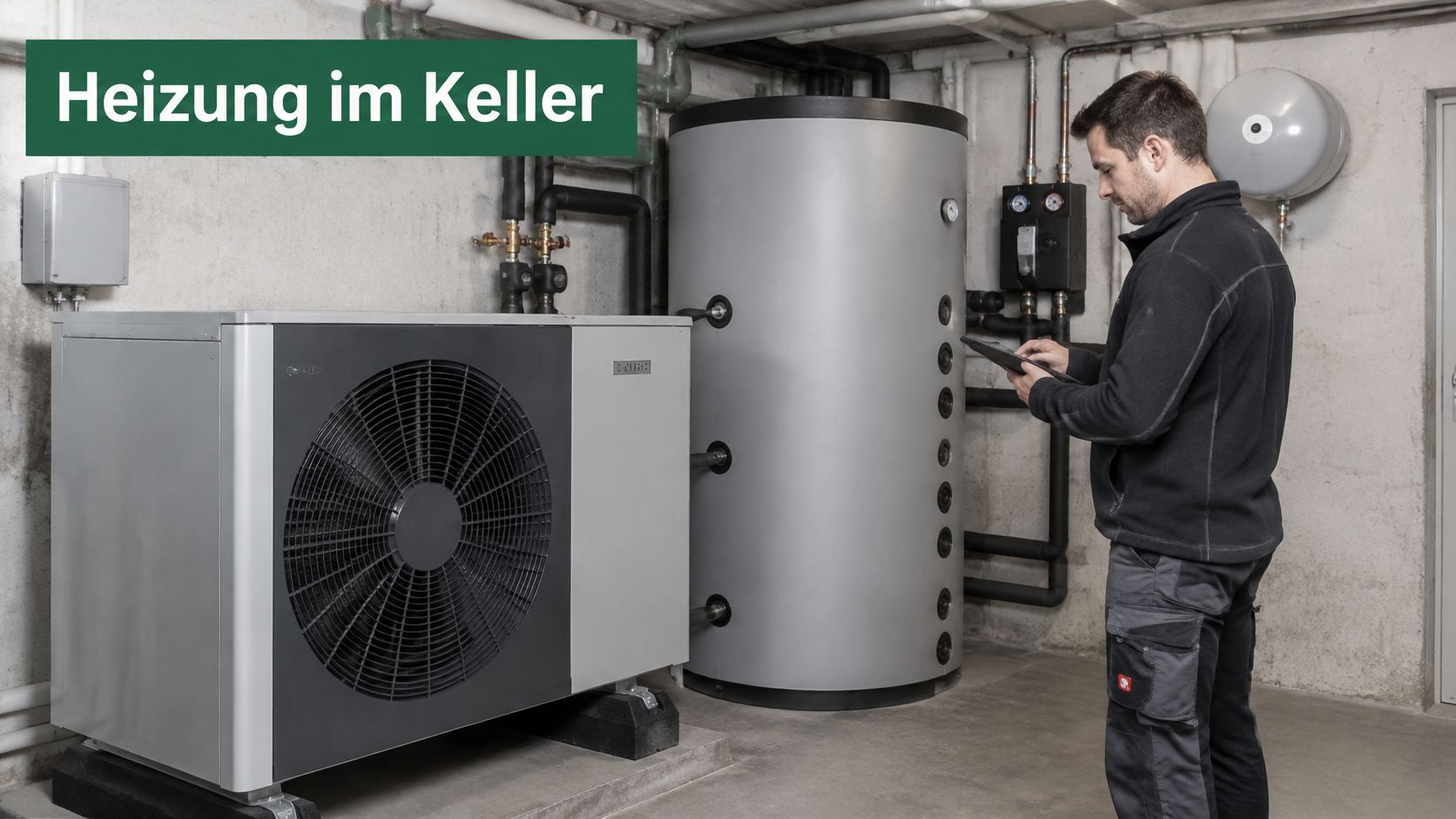 Ein Techniker überprüft eine installierte Wärmepumpe in einem Heizungskeller während eines Wartungseinsatzes zur Kontrolle der Anlagendaten.