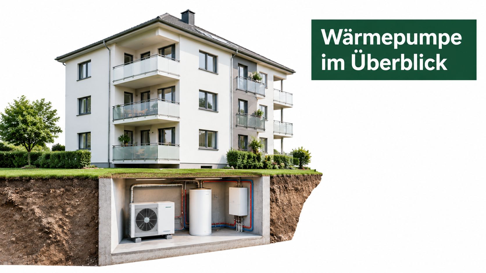 Ein Mehrfamilienhaus mit einer im Untergrund installierten Wärmepumpenanlage inklusive Speicher und Heizungstechnik zur effizienten Gebäudebeheizung.