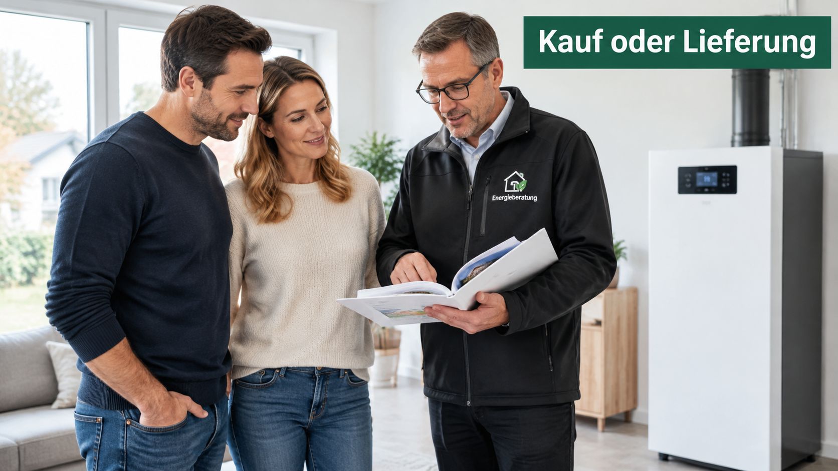 Ein Energieberater berät ein Paar bei der Auswahl einer Wärmepumpe für ihr Haus durch ein Beratungsgespräch.