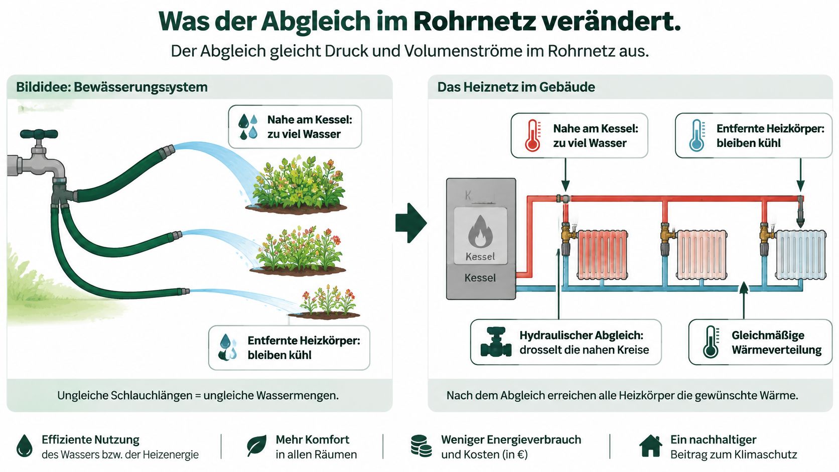 Eine Infografik erklärt den hydraulischen Abgleich von Heizungen durch einen Vergleich mit einem bewässerten Gartenschlauch-System.
