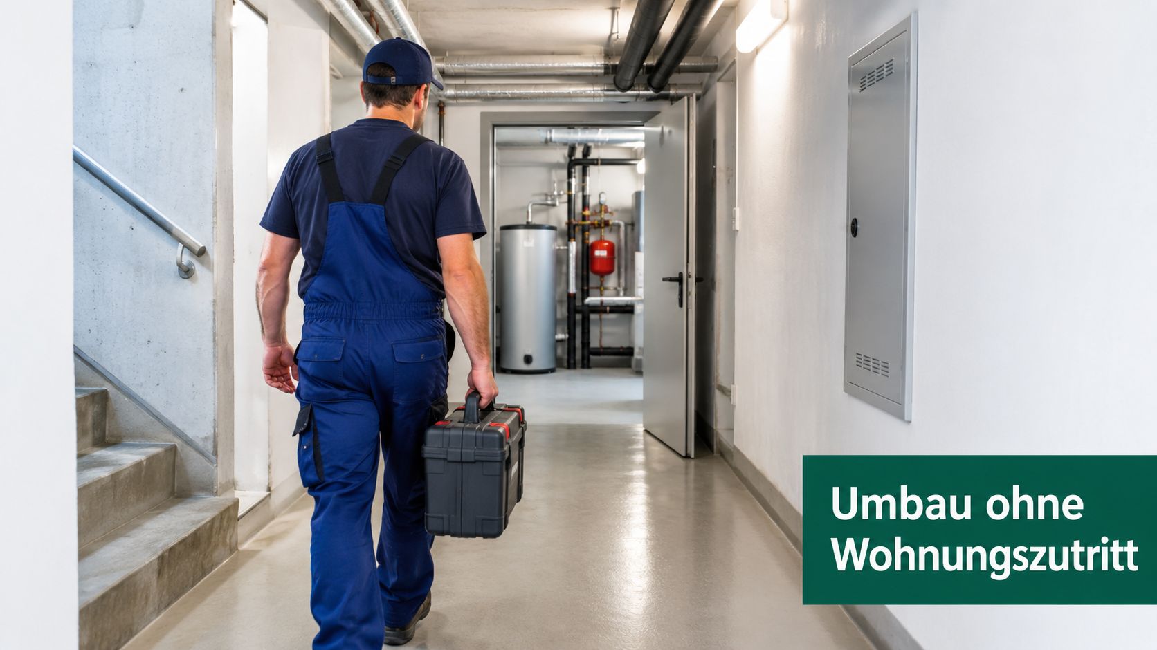 Ein Handwerker geht mit einem Werkzeugkoffer durch einen Flur in Richtung eines Heizungsraums in einem Wohngebäude.