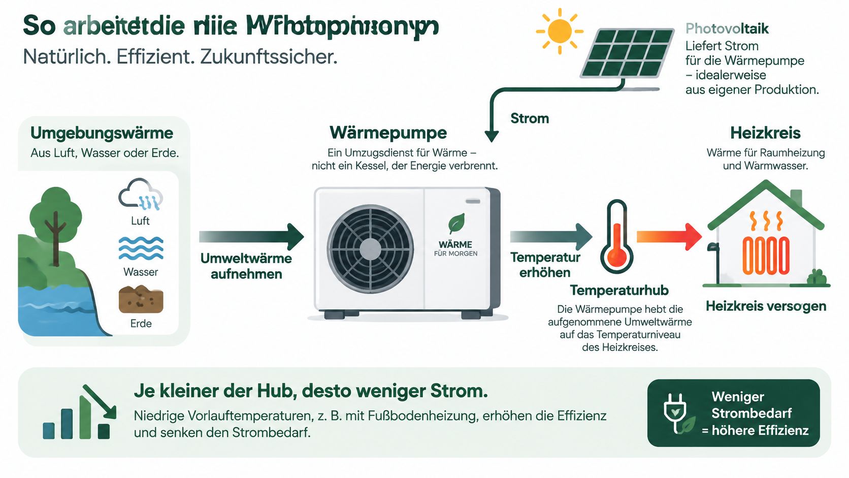 Infografik zur Funktionsweise einer Wärmepumpe mit Photovoltaik-Unterstützung für effiziente und nachhaltige Raumheizung sowie Warmwasserbereitung.