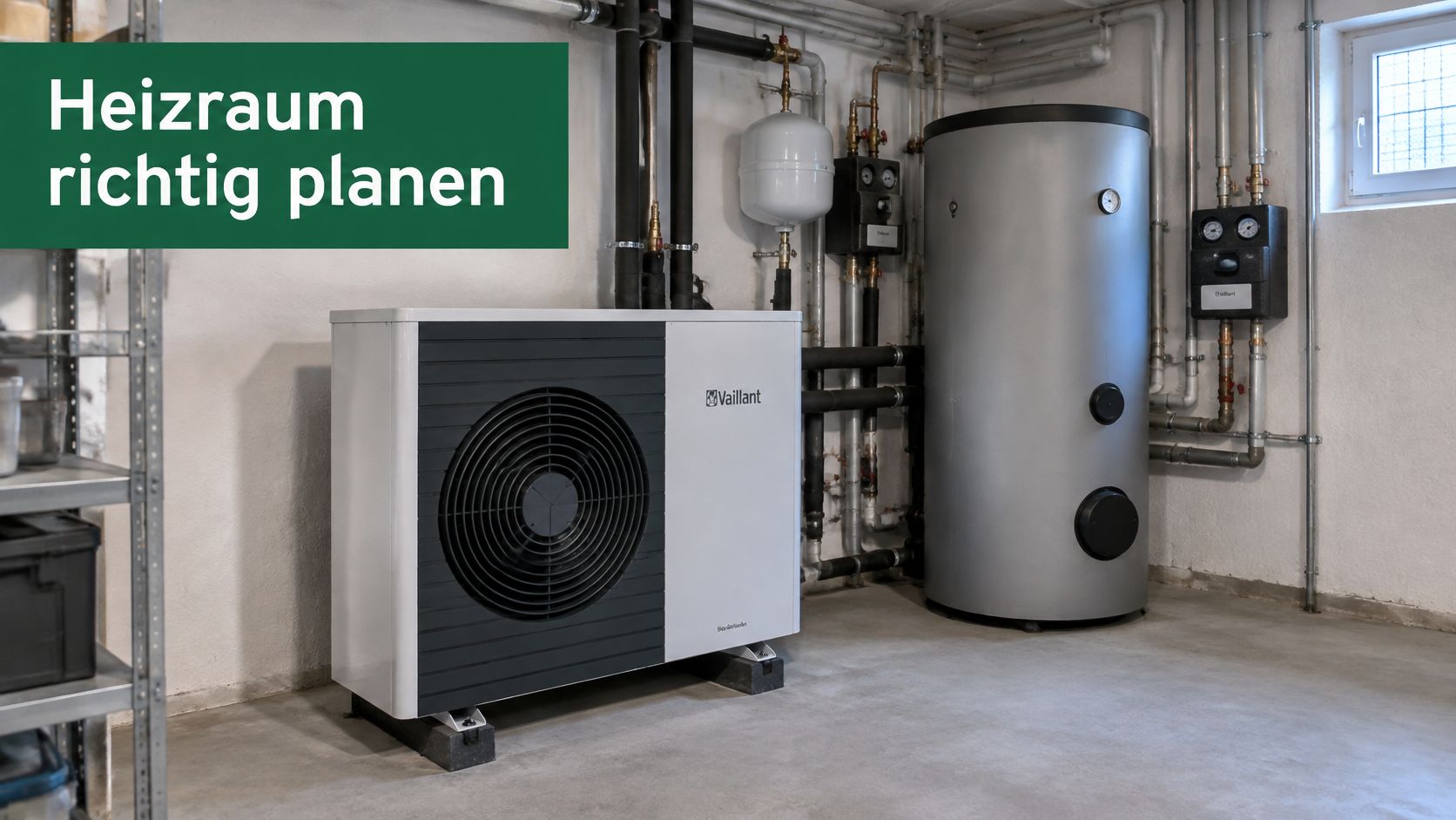 Eine Vaillant Wärmepumpe in einem modernen Heizraum zur Planung effizienter Heizungssysteme in einem Gebäude.