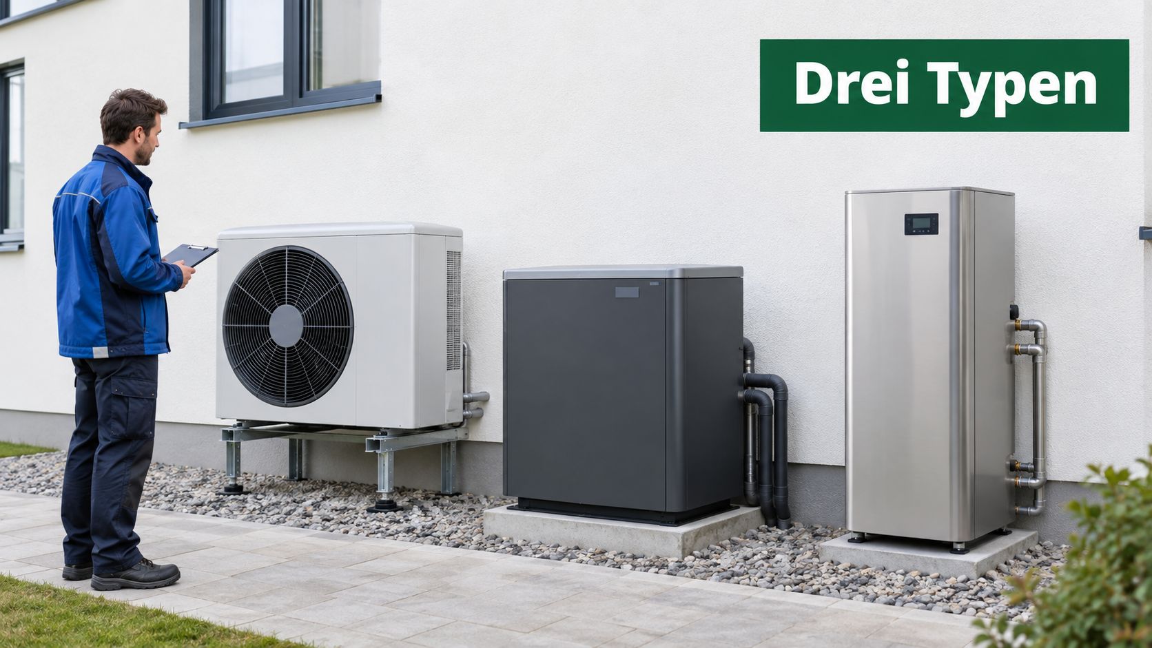 Ein Techniker begutachtet drei verschiedene Arten von Wärmepumpen, die vor einer weißen Hauswand installiert sind.